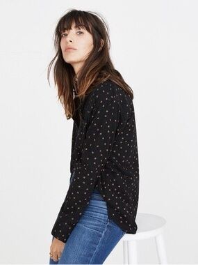 Madewell Black Floral Button Up Shirt Double Layer Cotton Pinstripe Boho